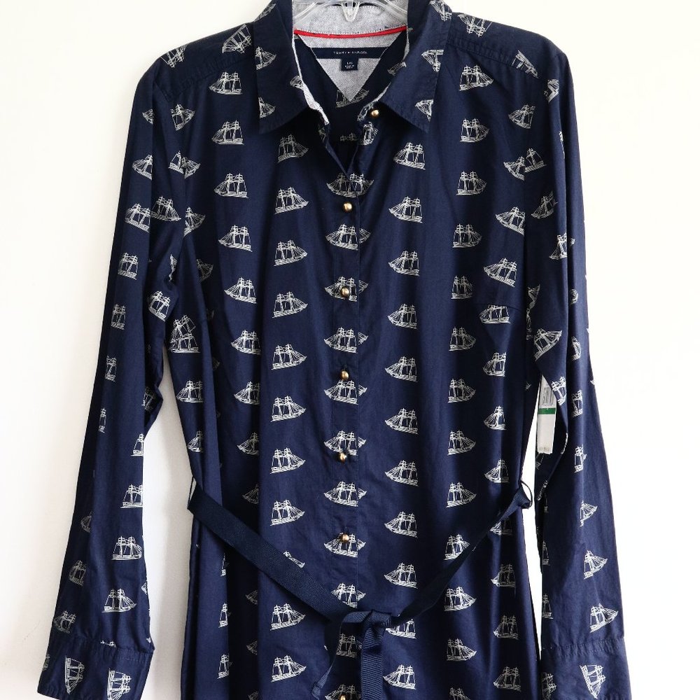 Tommy Hilfiger Shirtdress Button Down Shirt Dress Blue 100% Cotton Sailing Ship - Picture 3 of 7